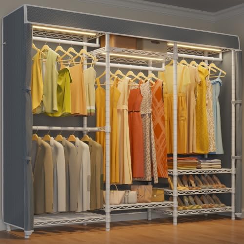 VIPEK V5LC Garment Rack Heavy Duty Covered with Dimmable LED Lights, 3000K Warm White, Portable Closet Wardrobe Freestanding for Hanging Clothes, with Grey Cover by VIPEK