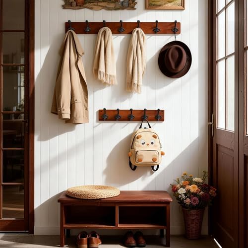 WEBI Rustic Coat Rack Wall Mount,5 Cast Iron Coat Hooks Wall Mounted,Heavy Duty Farmhouse Wood Coat Hanger Wall Antique Vintage Hooks for Hanging Jacket,Clothes,Backpack,Cherry,2 Packs - Image 4