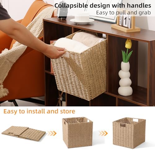 12x12x12in Wicker Storage Baskets for Shelves, Set of 2 Hand-Woven Paper Rope Wicker Basket,Foldable Cube Storage Bins, Natural Color Storage Cubes, Square Baskets for Organizing Decor - Image 4