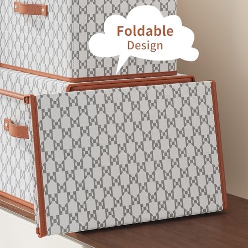 Tuza 2 Pack Fabric Storage Bins with Lids, Collapsible Closet Organizer Container, Decorative Storage Boxes with Lids for Organizing Clothes, Blanket, Grey & White, Extra Large - Image 5