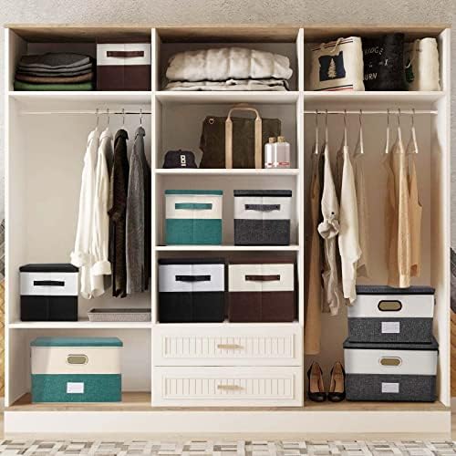 Large Linen Fabric Foldable Storage Bins with Removable Lid and Handles, Washable Storage Box Organizer Containers Baskets Cube with Cover for Bedroom,Office(Green&Cream, Large(2-Pack)) - Image 4