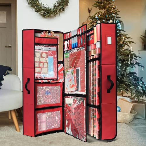 Hearth & Harbor Wrapping Paper Storage Container with Ribbon Dispenser and Interior Pockets - Large Christmas Storage Containers with Wheels, Fits 30 Rolls of 40" Length, Red - Image 6