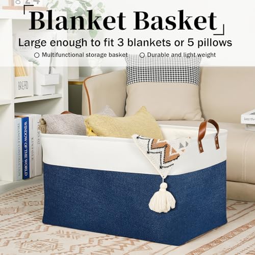 DULLEMELO 2-Pack Extra Large Blanket Basket Fabric Storage Baskets with Handles, Canvas Storage Baskets for Organizing Shelves Closet Toys Books, 22 x 15 x 13 inches(White&Blue) - Image 5