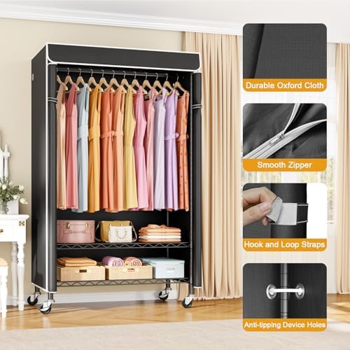 ULIFHOME P6C Rolling Clothes Rack with Cover, 3-Tier Covered Clothing Rack - Image 6