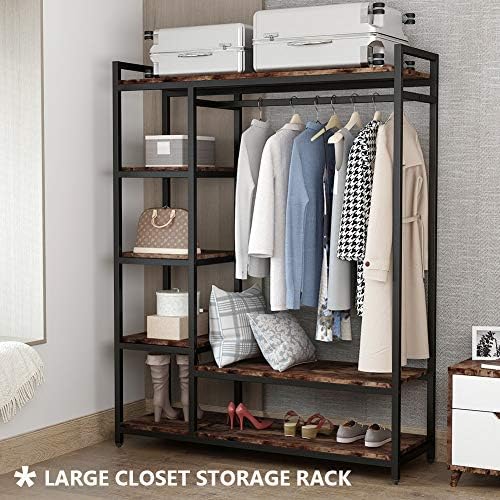 LITTLE TREE Free Standing Wood Closet Clothes Rack,Heavy Duty Grament Rack with Shelves,Hanging Racks for Clothes Clothing Rack for Bedrom,Wardrobe Closet Organizer,350 lb Capacity,Rustic - Image 2