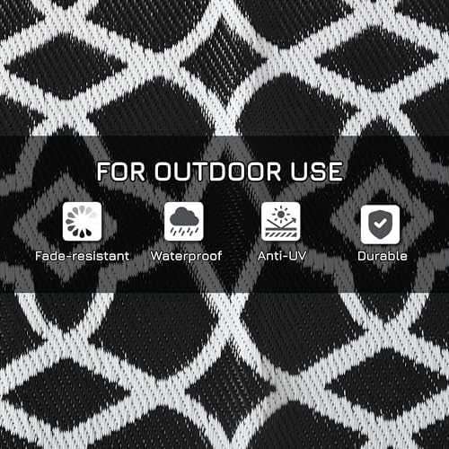 Outsunny Outdoor Rug for Patio Waterproof, 9' x 18', Black & White Clover - Image 6