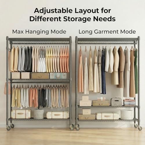 Homdox Rolling Clothes Rack Heavy Duty, 3-Tier Adjustable Wire Shelving Garment Organizer with Double Rods & Hooks, Portable Clothes Rack with Wheels, 17.72" D x 47.24" W x 80.71" H, Grey - Image 3