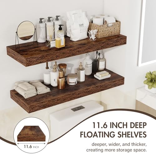 Acovy 30 Inch Floating Shelves, 12" Deep Floating Shelf Wall Mounted, 30" Wall Shelves, Rustic Deep Bookshelf, Extra Deeper & Thicker Display Shelves for Bedroom, Living Room, Brown, Set of 2 - Image 5