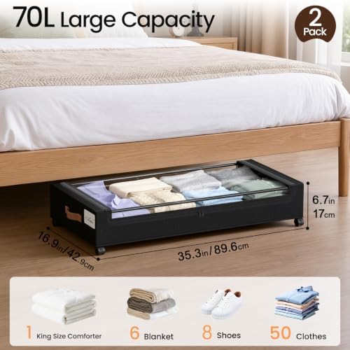 Yecaye 70L Large Under Bed Storage Containers with Wheels, 2 Pack, Black - Image 2