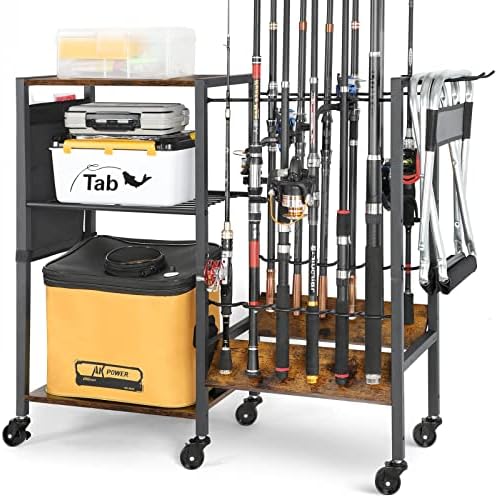 Olakee Fishing Rod Holders, Rolling Fishing Rod Rack for Garage & Boat, Tackle Box & Reel Holder Cart, Easy Assembly Fishing Gear Management System, Ideal Birthday Gift for Men Dad Anglers by Olakee