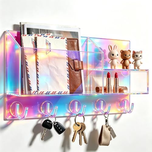 Acrylic Key Holder Wall Mount Mail Organizer for Wall with Shelf Storage Drawer and 5 Hooks, Iridescent by HappyDino