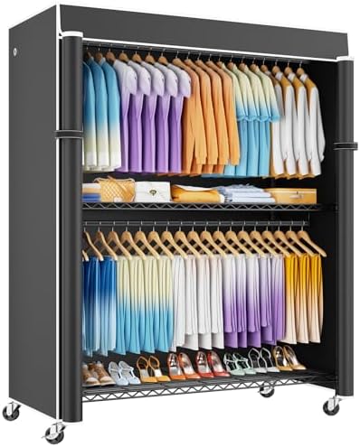 ULIFHOME P8C Max Heavy Duty Clothes Rack（With Extended Width Design） Rolling Clothing Racks for Hanging Clothes with Lockable Wheels，51.2"W x 15.8"D x 80.5"H，Load 800LBS，Black Rack with Black Cover by UlifHome