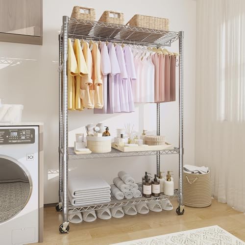 Metal Rolling Clothes Rack 695LBS Wardrobe Rack with Wheels Chrome - Image 2