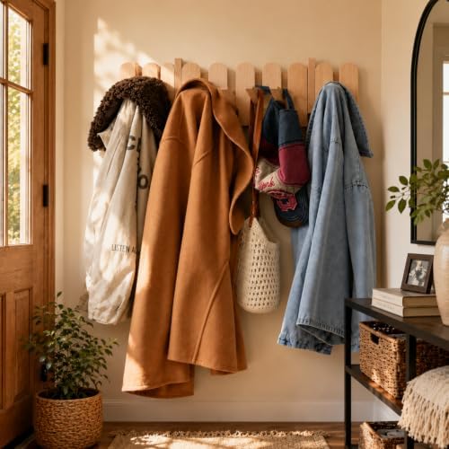 Coat Hanger Wall Mount, Solid Beech Wooden Hooks, Natural, 10 Hooks - Image 2