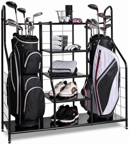 Morvat Golf Organizer for Golf Bags, Clubs, Gadgets, Travel Stuff, & Accessories, Adjustable Feet, Store and Organize Your Equipment, Holds 2 Golf Bags & 5 Metal Accessory Shelves, 38x36x16 by Morvat