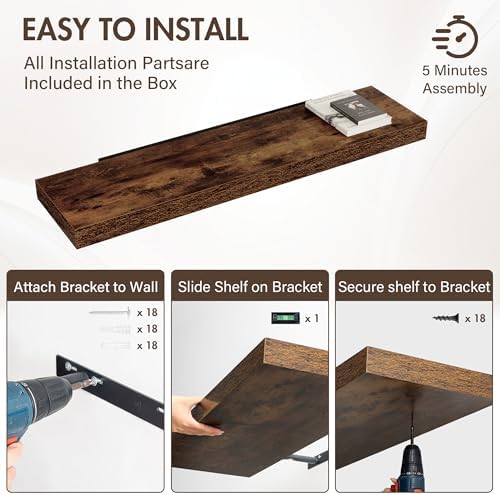 Acovy 48 Inch Floating Shelves, 12" Deep Floating Shelf Wall Mounted, 48" Wall Shelves, Rustic Deep Bookshelf, Extra Deeper & Thicker Display Shelves for Bedroom, Living Room, Set of 1 - Image 6