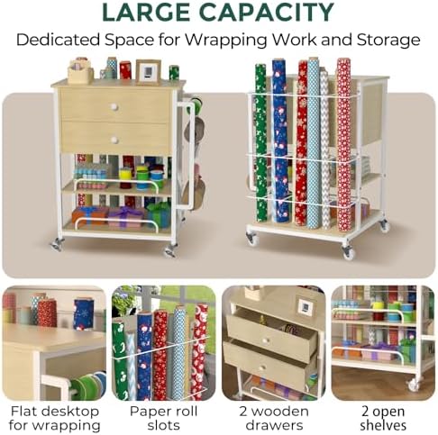 Wrapping Paper Storage & Organizer, Craft Cart with Ribbon & Gift Bag Storage, Wrapping Paper Organizer Holder(2 Wooden Drawers-Oak) - Image 5