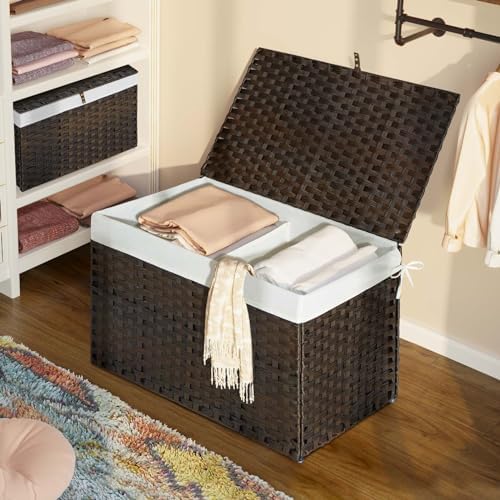 GREENSTELL Storage Basket with Lid, 27.7 Gallon(105L) Lagre Wicker Blanket Storage Basket with Handles, Foldable, 2 Removable Liner Bags, Metal Frame, for Bedroom, Laundry Room, Brown - Image 2
