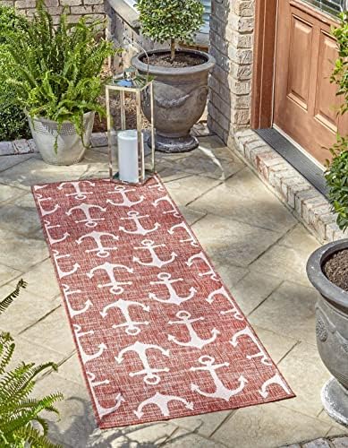 Unique Loom Outdoor Coastal Collection Area Rug - Ahoy (2' x 6' 1" Runner, Rust Red/ Ivory) by UniqueLoom