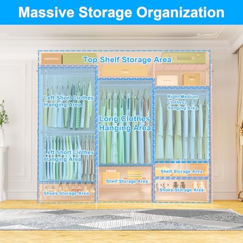 Ulif E13 Heavy Duty Clothes Rack（With 4 Hanger Rods & 8 Shelves） Freestanding Clothing Racks for Hanging Clothes，Adjustable Closet Organizer，Metal Garment Rack 63" W x16 D x77 H，Max Load 900LBS，Pink - Image 3