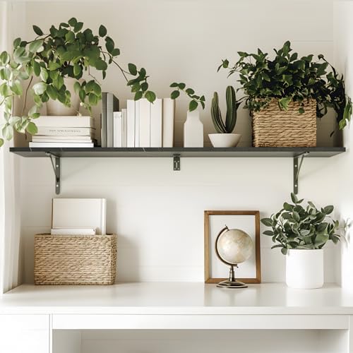 Kaboon 55 inch Long 10 inch Deep Floating Shelves for Wall Set of 2, Large Open Shelves Wall Mounted, Space Saving Home and Commercial Use, Cloud Atlas/Black Marble - Image 2
