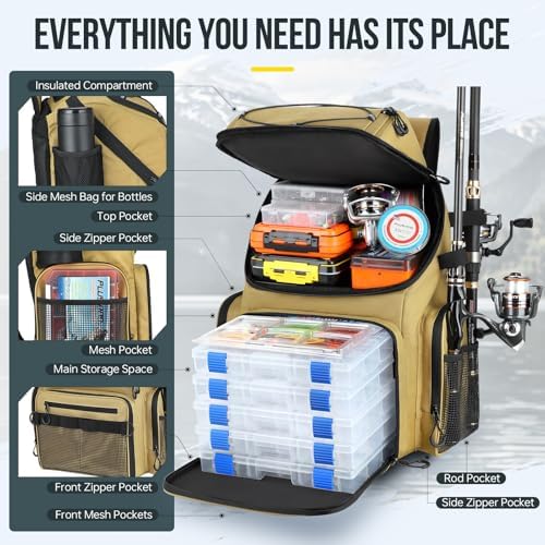 PLUSINNO Cooler Fishing Backpack with Rod Holders 45L Large Water-resistant Fishing Tackle bag Store Fishing Gear Fishing Gifts for Men Father - Image 4