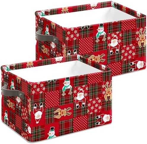 Christmas Baskets,Christmas Red Grid Elk Snowman Foldable Storage Bins with Handles, Decorative Cloth Organizer Storage Boxes 2 2piece - Image 4