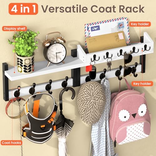 35'' White Coat Rack Wall Mount with Shelf, Solid Wood Coat and Key Hanger with 13 Metal Hooks, Farmhouse Wall Organizer for Mail, Entryway Wall Hangers for Hats, Clothes, Backpacks, Mudroom - Image 5