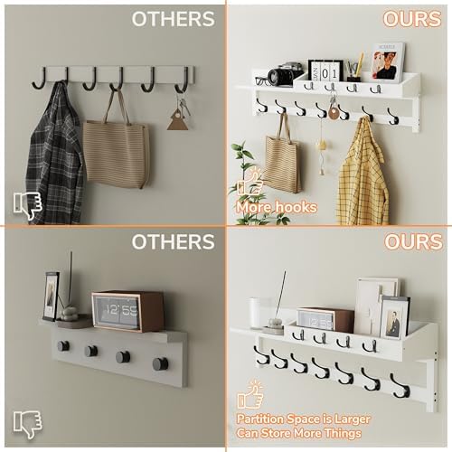 AMBIRD 35 inch Coat Rack Wall Mount, Extra Long Coat Hooks Wall Mount, Entryway Shelf with 7 Dual Coat Hooks 4 Key Hooks Mail Organizer, Wooden Wall Coat Rack with Hooks, Key Holder Rack (White) - Image 4