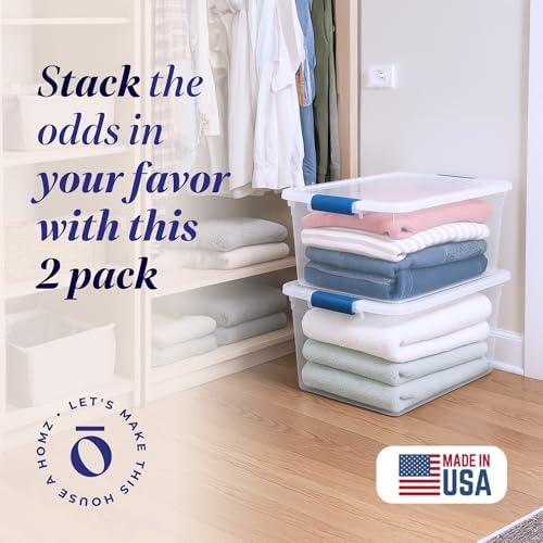 HOMZ Clear Plastic Storage Bins w/Latching Lid, 66 Qt, Blue Latch, 2 Pack - Image 2