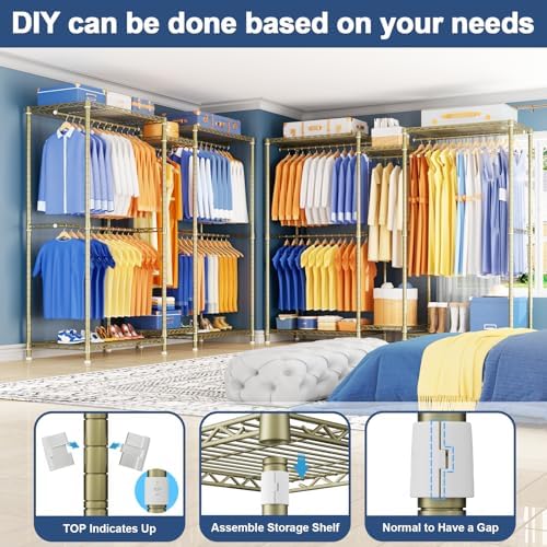 Ulif E12 Pro Clothes Rack，Heavy Duty Freestanding Garment Rack with Shelves，Metal Clothing Closet Storage System for Hanging Clothes，71" W x 16" D x 76.5" H, Hold 960 lbs，Gold - Image 4