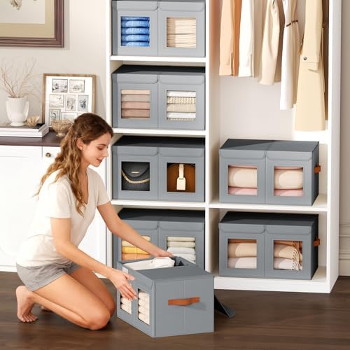 Homsorout Large Closet Storage Bins - Collapsible Divided Clothes Organizer with Lids & Dual Window, Fabric Organizing Bins for Clothes, Sweater, Bedroom, Office (Grey, 4 Pack) - Image 3