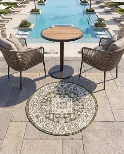 Rugs.com - Outdoor Aztec Rug – 3 Ft Round Green Washable Indoor/Outdoor Rug – Perfect for Patios, Decks, and Porches - Image 6