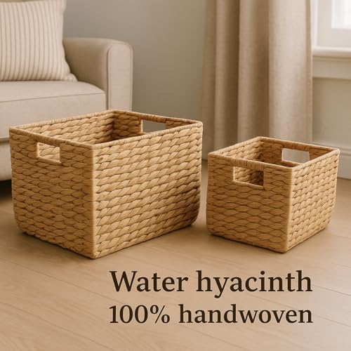 14" and 11" Handwoven Water Hyacinth Storage Baskets with Handles, Set of 2 – Natural Square Woven Organizer Bins for Shelves, Closet, or Living Room Décor - Image 2