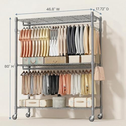 Homdox Rolling Clothes Rack Heavy Duty, 3-Tier Adjustable Wire Shelving Garment Organizer with Double Rods & Hooks, Portable Clothes Rack with Wheels, 17.72" D x 47.24" W x 80.71" H, Grey - Image 5