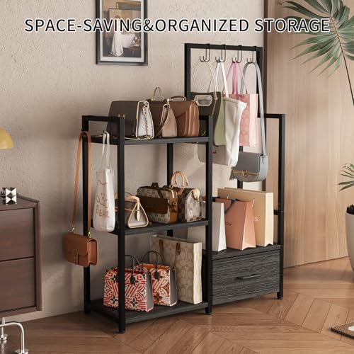 Handbag Organizer - 3 Tier Purse Storage Rack with Pull Out Drawer & 6 Hooks, High Capacity Handbag Holder Shelf, Metal Frame with Wood Shelves for Closet/Bedroom(Dark Grey) - Image 6