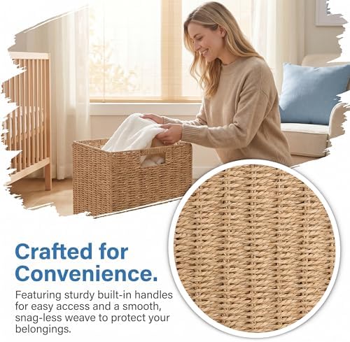 13" x 13" x 13" Wicker Storage Basket,Woven Paper Rope Wicker Baskets,Set of 4 Collapsible Square Organizers,Foldable Cube Storage Bins - Image 7