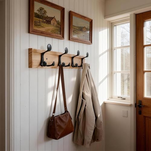 SKOLOO 24-Inch Wood Coat Rack Wall Mount with 4 Triple Hooks - Ideal for Family Entrances, Classrooms, and Pet Supplies Storage - Perfect Coat Hooks for Wall, Black on Natural - Image 4