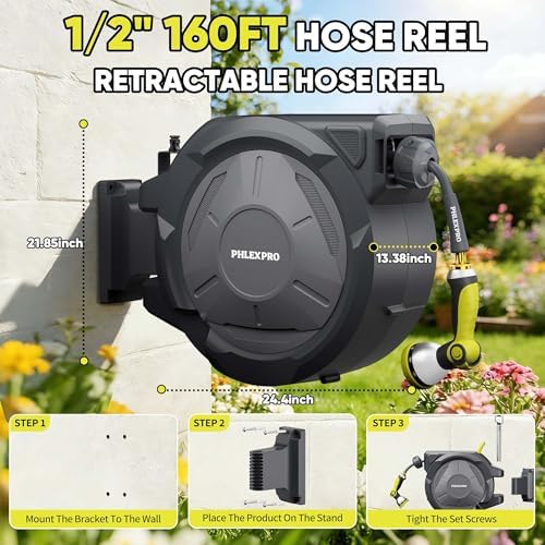 160 FT 1/2" Retractable Garden Hose Reel, Wall Mount - Image 6
