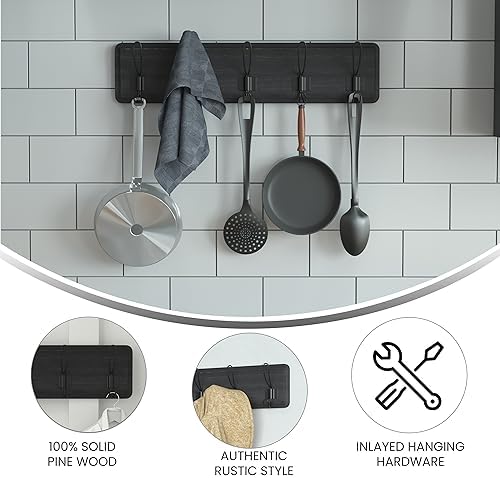 Flash Furniture Daly Wall Mounted Storage Rack - Black Wash Solid Pine Wood - 24 Inch - 5 Hanging Hooks - for Entryway, Kitchen, Bathroom - Image 3