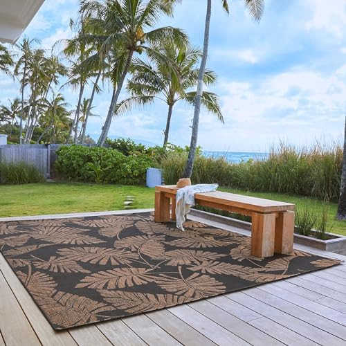 Gertmenian Indoor/Outdoor Kona Coast by Reyn Spooner Rug - 9x13 Extra Large, Stain & UV Resistant, Ideal for Deck, Patio, Poolside Rooms - Palmtree Leaf, Black Brown, 46686 - Image 2