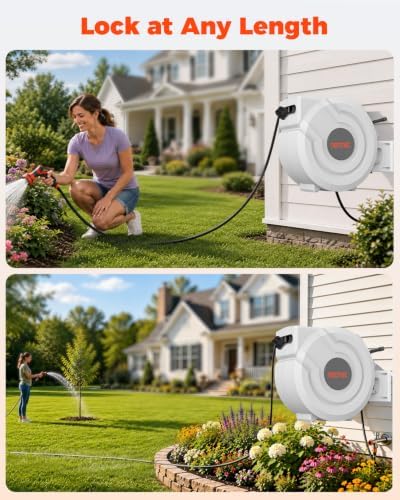 5/8 in 115ft Retractable Garden Hose Reel with Auto Rewind Any Length Lock Heavy Duty Hose Reel,9-Pattern Nozzle,180°Swivel,UV Resistant Wall Mount Water Hose Reel for Outdoor Garden Car Pet Patio - Image 5