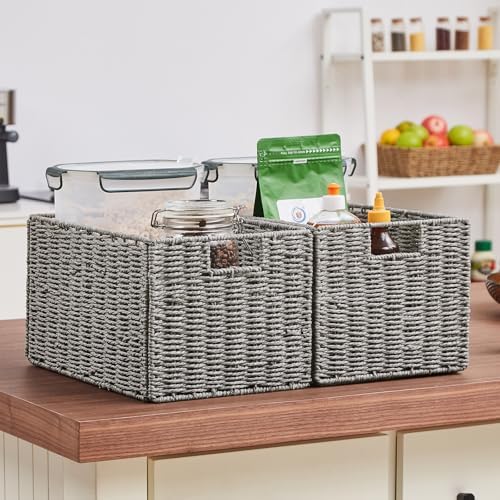Vagusicc Wicker Storage Basket, Set of 2 Hand-Woven Paper Rope Wicker Basket, Small Storage Baskets for Organizing Toilet Paper Basket, Foldable Large Cube Storage Organizer Bins for Shelves (Grey) - Image 7