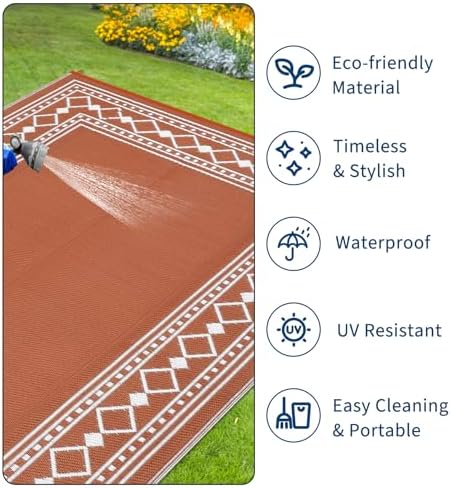 GlowSol 9x18 Outdoor Rug Waterproof Reversible Patio Mat, Heavy Duty Plastic Straw Rug for RV Camping Deck Backyard Beach, Foldable Indoor Outdoor Carpet Stain Resistant Outside Rugs, Orange/White - Image 4