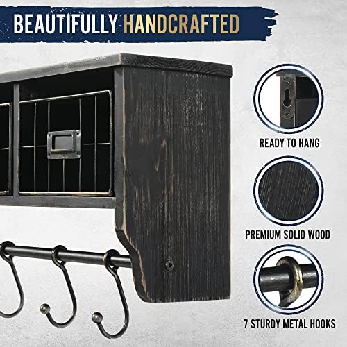 HBCY Creations Wall Mounted Shelf with Coat Hooks and Baskets, Solid Wood Entryway Organizer Wall Shelf with Hooks - Hang Coats, Keys or Coffee Mugs, Rustic Blackwash 24" Wide - Image 4