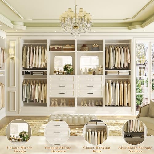 Unikito Closet System, 100" Closet Organizer with Drawers & Mirrors, White - Image 4