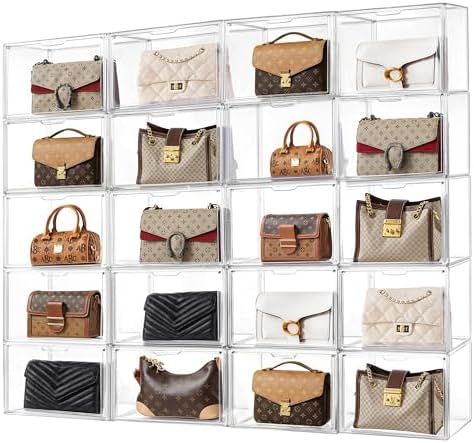 HBlife Purse Storage Organizer for Closet, Clear Stackable Handbag Display Case Box with Magnetic Door for Collectibles, Cosmetics, Women Heels and Toys, Large, 20 Pack by HBlife
