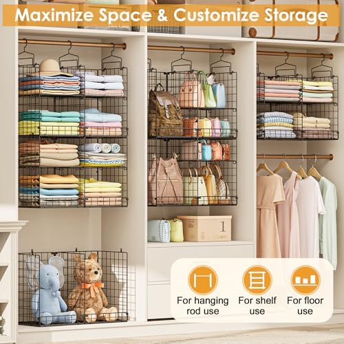Hanging Closet Organizer with DIY Spacing, Double-Row Closet Hanging Shelves with 4 Adjustable Dividers & 6 Hooks, Heavy Duty Metal Closet Storage Organizer with Front Guard, Split into 2 Units - Image 6