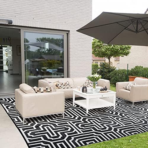 9' x 12' Plastic Straw Rug, Outdoor Patio Rug, RV Large Floor Mat for Outdoors, RV, Patio, Backyard, Deck, Picnic, Beach, Trailer, Camping, (Black&White | Parquet) by Unknown