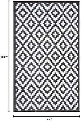 FH Home Outdoor Rug - Waterproof, Fade Resistant, Reversible - Premium Recycled Plastic - Geometric - Large Patio, Deck, Sunroom, Camping, RV - Aztec - Black & White Crease Free - 6 x 9 ft - Image 2